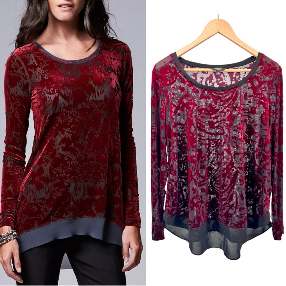 Simply Vera Vera Wang Burnout Velvet Top Sz L Biking Red Black Long Sleeve Sheer